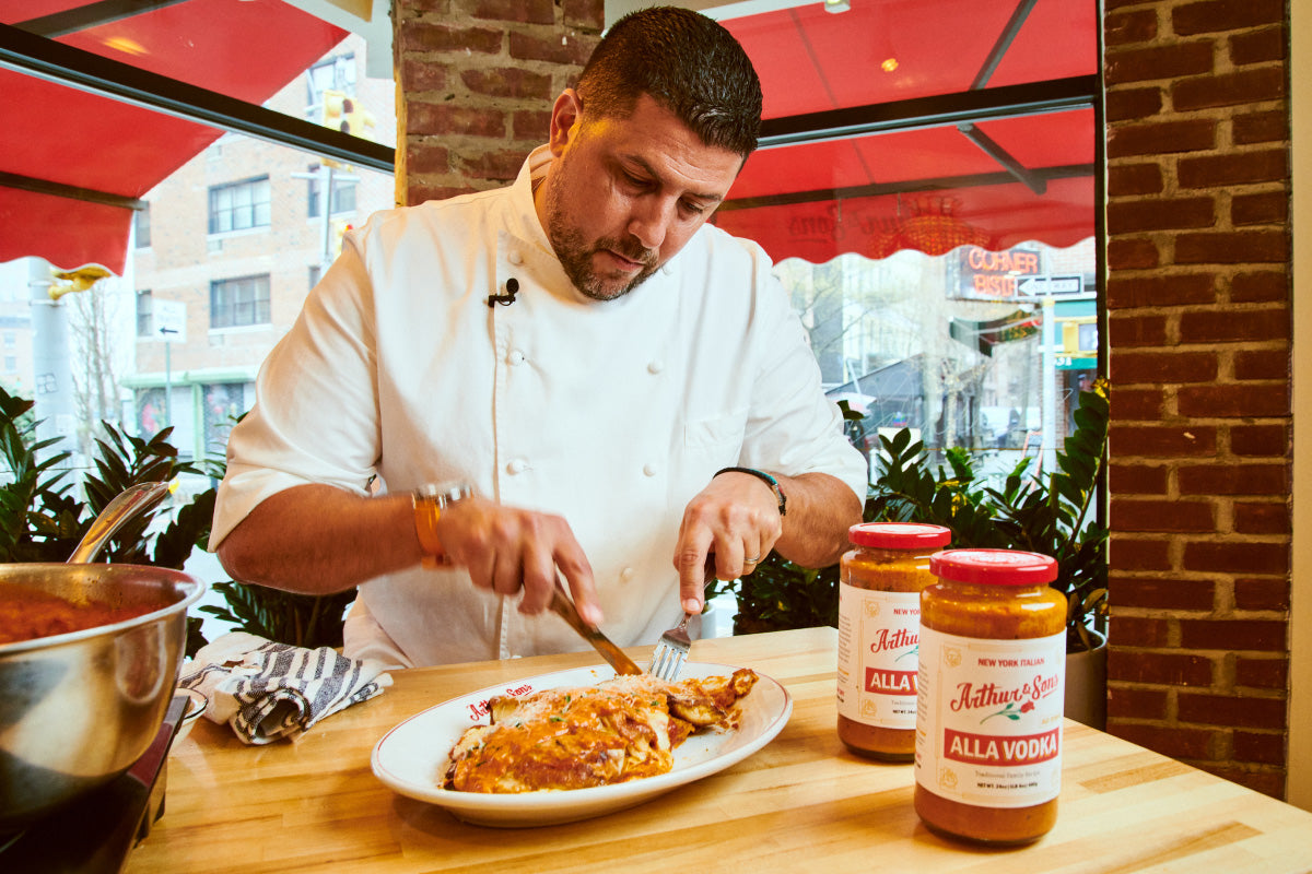 Chef Joe cooking with his jared alla Vodka sauce